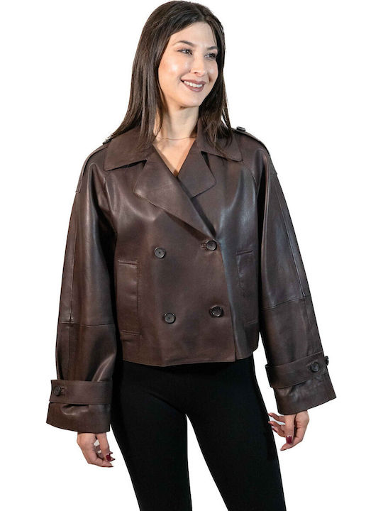 Women's Short Lifestyle Leather Jacket for Winter Brown