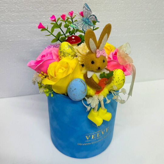 Aranjament Floral De Paște Decorațiune Iepure 3 Ouă Decorative Plante Verzi Trandafiri De Săpun Garofi În Cutie Rotundă Din Catifea Albastră