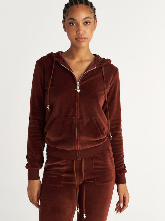 Women's Sweatshirt Jacket Velvet Hooded Brown