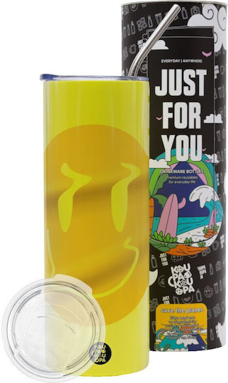 Smile Avatar Distorted Neon Yellow Travel Thermos with Metal Straw Stainless Steel 304 Food Grade