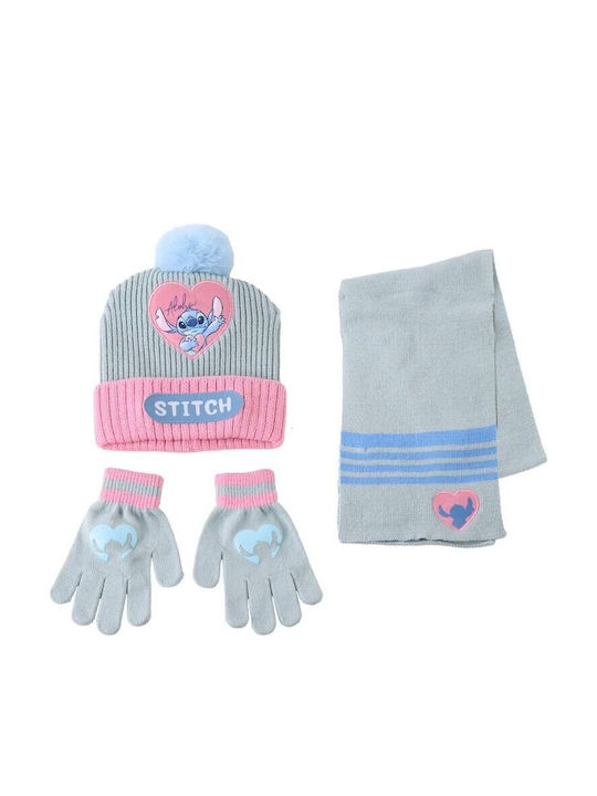 Stitch Подредба Детска Шапка с Шал и Ръкавици Плетена Сива