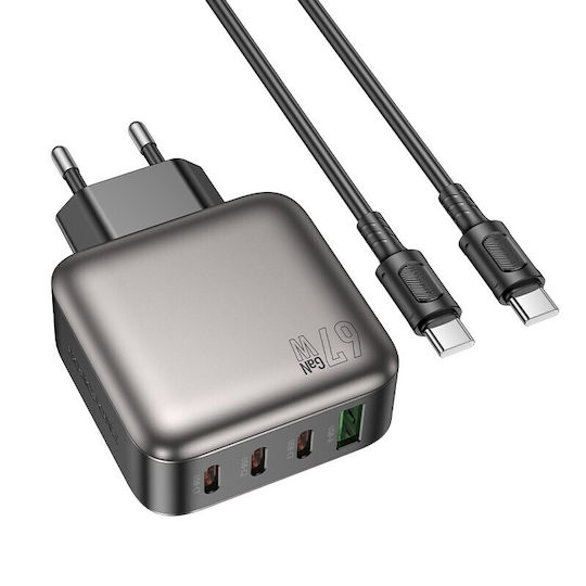 Borofone Charger GaN with USB-A Port and 3 USB-C Ports and Cable USB-C - USB-C 67W Power Delivery / Quick Charge 3.0 Blacks (BAS57A)