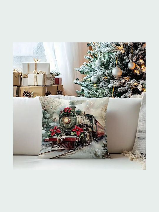 By Queen Limited Edition Christmas Decorative Pillowcase Velvet Vintage Train & Poinsettia 45x45cm