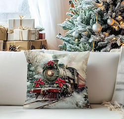 Queen Limited Edition Weihnachtsdekorative Kissen Μαξιλαροθήκη Χριστουγεννιάτικη Velvet Vintage Τρένο & Ποϊνσέτια 45x45εκ