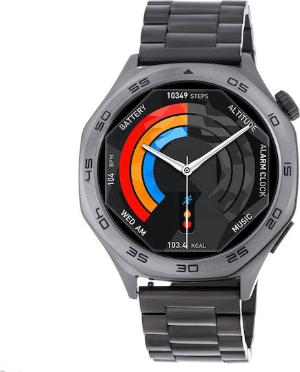 3Guys 3GW8304 Stainless Steel 46mm Smartwatch with Heart Rate Monitor (Black Stainless Steel)