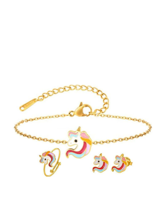 Steel Kids Set Earrings Bracelet Ring Unicorn