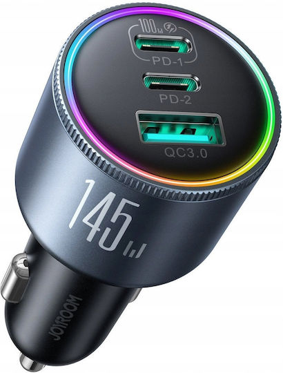 Joyroom Car Charger 145W 5A with Ports 1xUSB 2xType-C with Type-C Cable Grey Colour