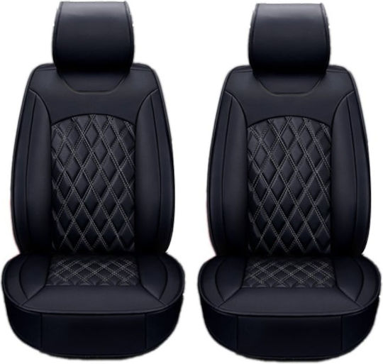 Set 1+1 Huse Scaune Auto Premium Lux Din Piele Eco Negru Gri Cusături Diamant