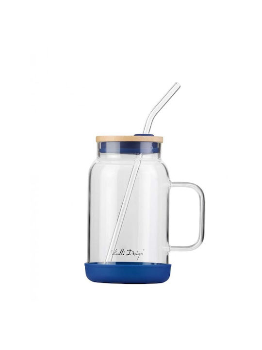 Vialli Design Glass Water made of Glass in Blue Color with straw 600ml