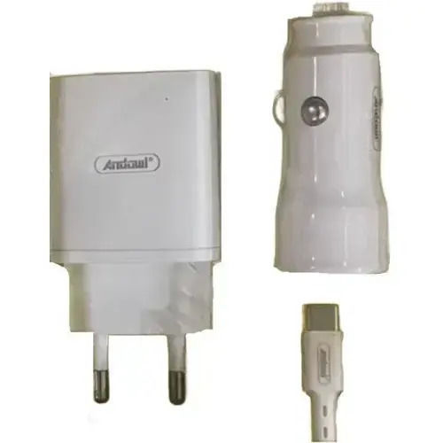 Andowl Car and Wall Adapter Set with USB-A Port and USB-C Cable 25W Power Delivery White