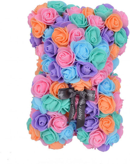 Multicolor Floral Bear Made Roses 25 Cm Hand Decorated Gift Box Pink Purple Blue