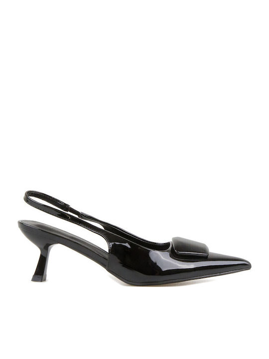 Patent Leather Pointed Toe Black Heels with Strap