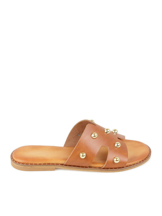 Leather Women's Flat Sandals in Brown Color