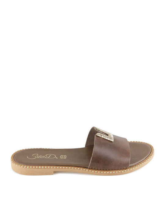 Leather Women's Flat Sandals in Brown Color