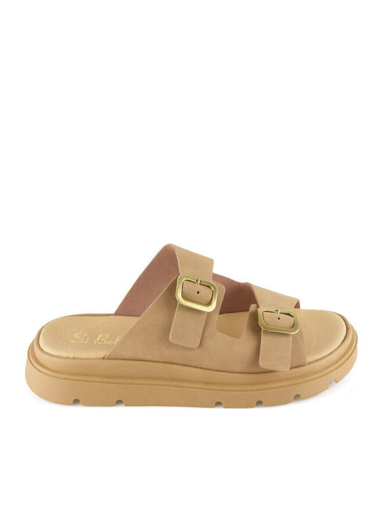 Leather Women's Flat Sandals Flatforms in Brown Color