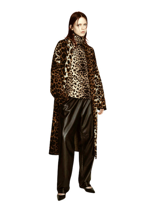 Wool Women's Leopard Beige Coat with Buttons