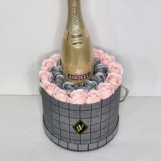 Velve Silber Geschenk Blumenarrangement Seifenrosen Angelli Cuvee Gold Sekt