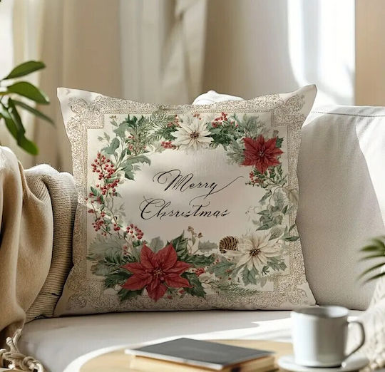 By Queen Limited Festive Edition Pillow Case Merry Wreath Poinsettias Pinecones 45x45cm
