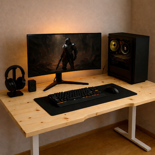 Ηλεκτρικό Γραφείο Skymnos Gaming Μασίφ Ξύλο Έλατο Λευκά Μεταλλικά Πόδια & Ρυθμιζόμενο Ύψος 160x65εκ