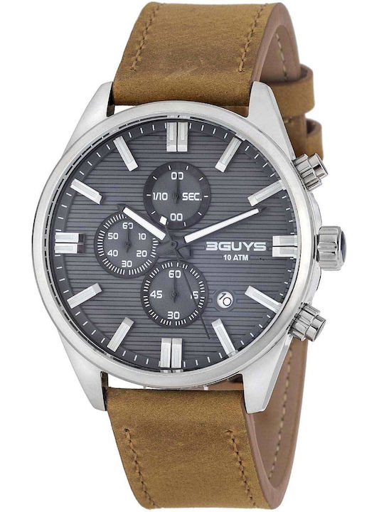 3Guys Men's Watch Chronograph Battery with Brown Leather Strap