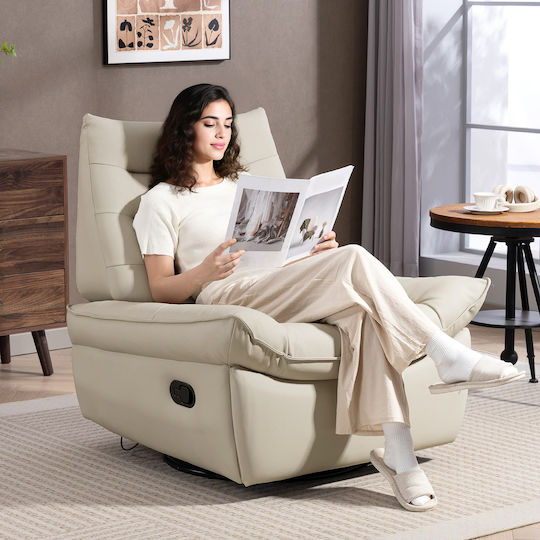 Πολυθρόνα Relax Περιστρεφόμενη με Υποπόδιο από Δερματίνη Κρέμα 97x94x98cm