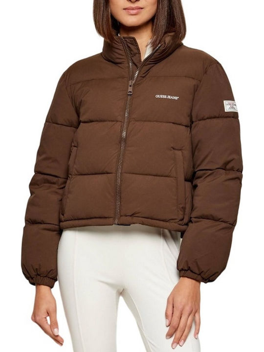 Guess Γυναικείο Puffer Μπουφάν για Χειμώνα Καφέ
