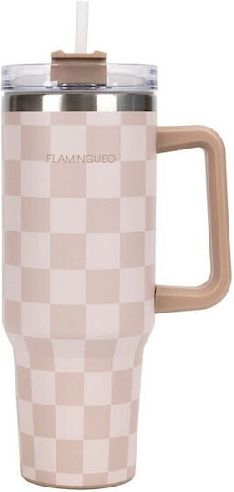 Flamingueo Handled Tumbler Θερμός Ανοξείδωτο 1.18lt Μπεζ με Καλαμάκι και Λαβή