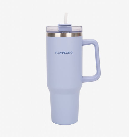 Flamingueo Handled Tumbler Θερμός Ανοξείδωτο 1.18lt Σιέλ με Καλαμάκι και Λαβή