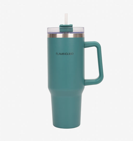 Flamingueo Handled Tumbler Θερμός Ανοξείδωτο 1.18lt Σκούρο Πράσινο με Καλαμάκι και Λαβή