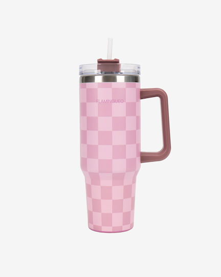 Flamingueo Bottle Thermos Stainless Steel 1.18lt Pink with Straw and Handle