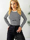 Bluza Damă Mânecă Lungă Crop Pulover Cu Dungi Neagră