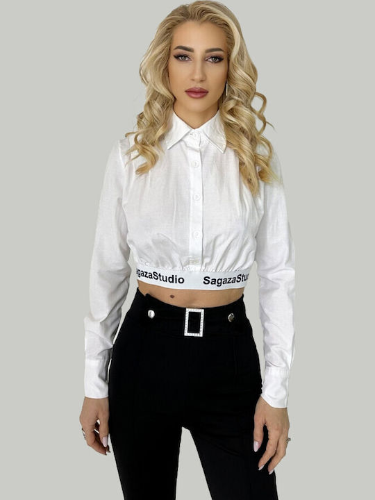 Women's Crop Top Cotton Long Sleeve White