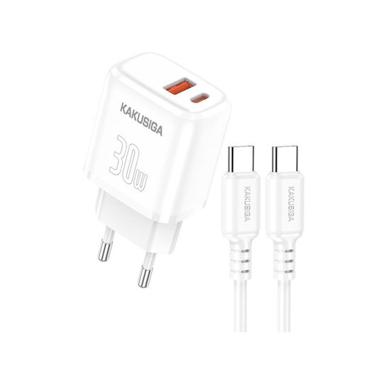 Kakusiga Φορτιστής με Θύρα USB-A και Θύρα USB-C και Καλώδιο USB-C - USB-C 30W Λευκός (KSC-1642)