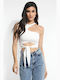 Γυναικείο Crop Top Αμάνικο με Δέσιμο στο Λαιμό Εκρού