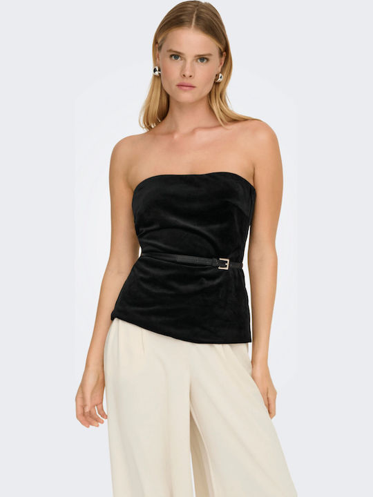Lelsy Γυναικεία Μπλούζα Βελούδινη Strapless Μαύρο