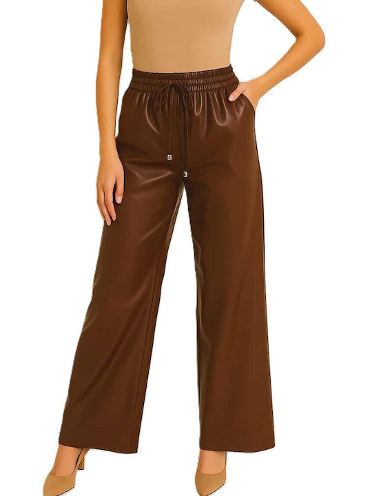 Plus Size Women's High-waisted Fabric Trousers with Elastic Brown
