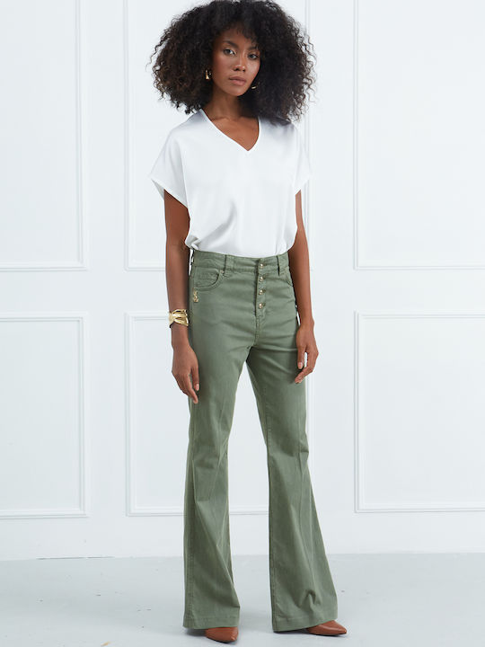 Women's Fabric Trousers Flared Khaki