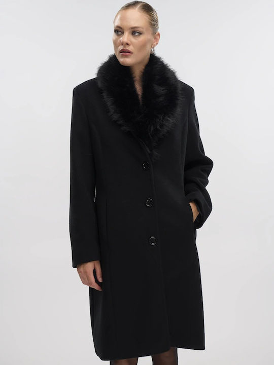 Damen Black Mantel mit Fellbesatz