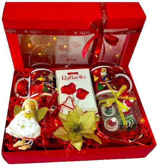 Pachet De Familie De Crăciun Lumânări Decorative Festive Două Căni Cu Design De Crăciun Praline Raffaello Ornament Înger Accesorii Decorative Pentru Brad În Cutie 35x25x8cm