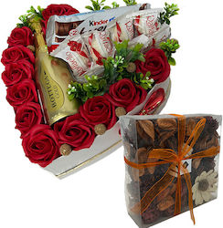 Floral Arrangement In A Heart-shaped Box Soap Roses 40g Raffaello Pralines 43g Kinder Bueno Scented Dried Flowers