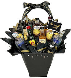 Coș Cadou Delice Bărbați Banner Text "La Mulți Ani!" 5 Praline Ferrero Set Miniaturi Spirite Chivas Regal 12 Ani 2 Sticle Absolut Vodka Jack Daniels Jack Gentleman J&b Hennessy