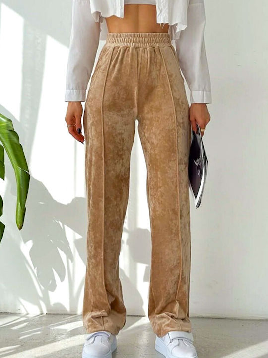 Γυναικείο Ψηλόμεσο Υφασμάτινο Παντελόνι Relaxed Fit Ριγέ Cream