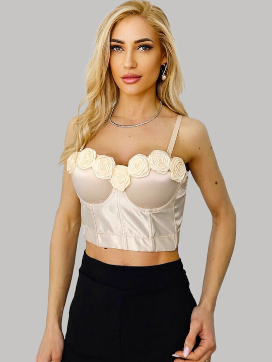 Damen Korsett Bluse Blumen Ecru