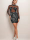 Mini Evening Dress with Sheer Black