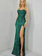 Maxi Βραδινό Φόρεμα Strapless Green