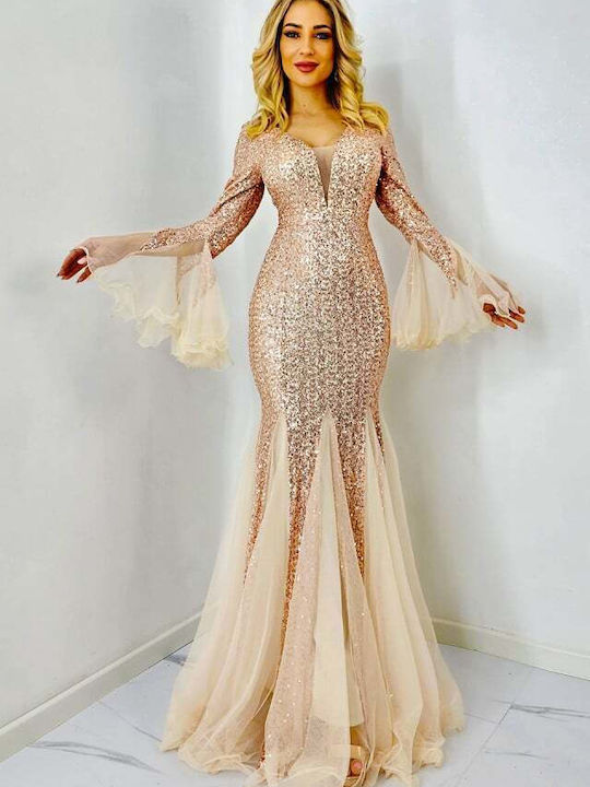 Wedding - Christening Dress With Sequins Gold