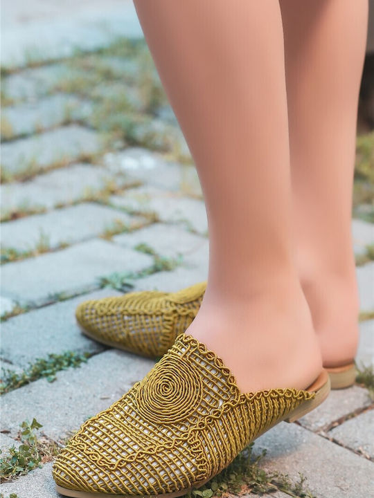 Piele Mule cu Toc în Culoare Galben