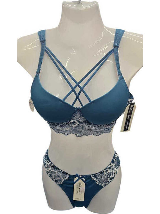 Luna Dantelat Set de Lenjerie Sutien cu Slip Albastru