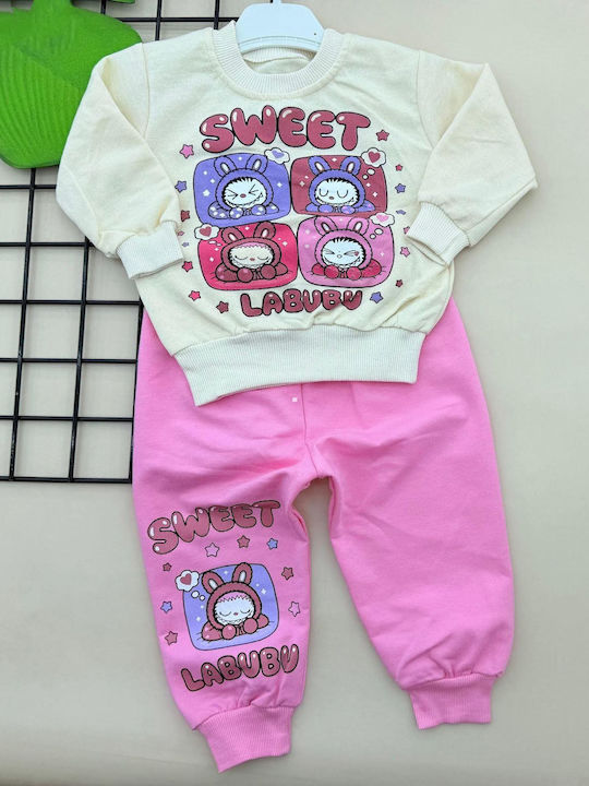 Kids Sweatpants Set Ivory, Pink