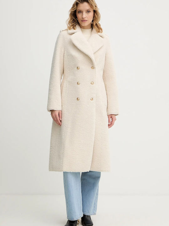 Guess Women's Ecru Coat with Fur Details